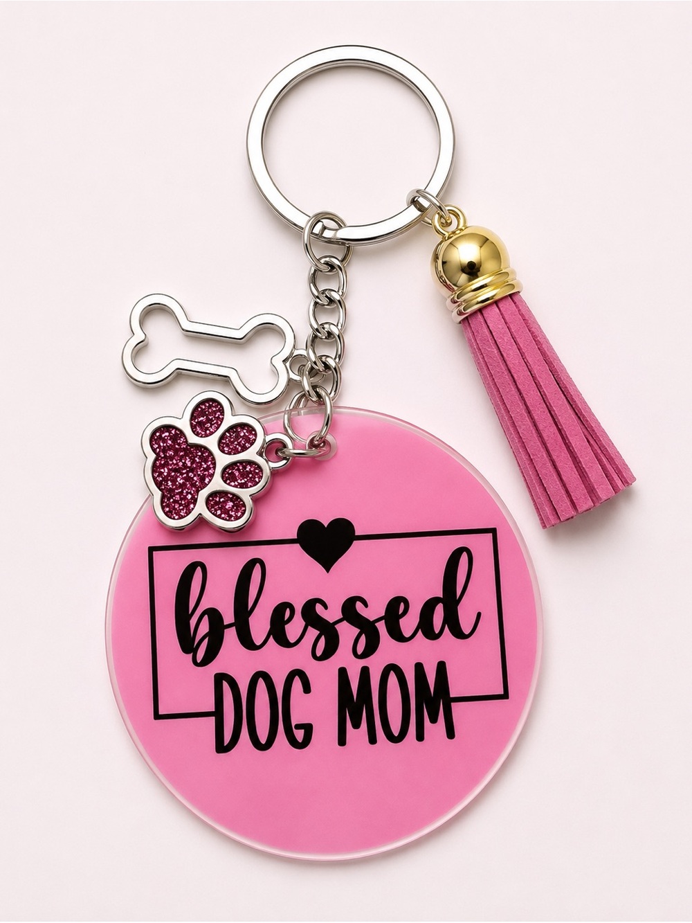 Blessed Dog Mom Pink Paw Keychain with Tassel